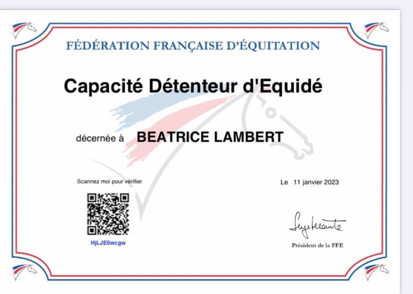 Certificat de capacité de détenteur d'équidé de Béatrice Lambert